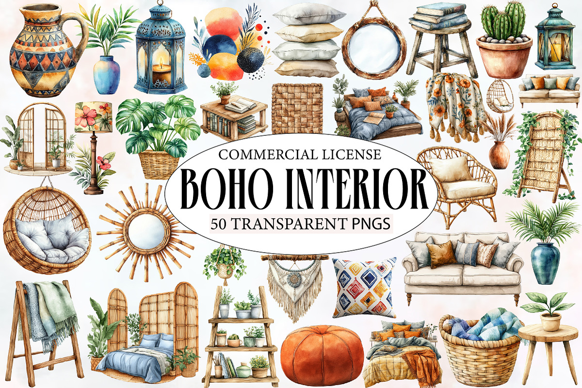 Watercolor Boho Interior Clipart, an Illustration by Designworld (Photo 1 of 6)