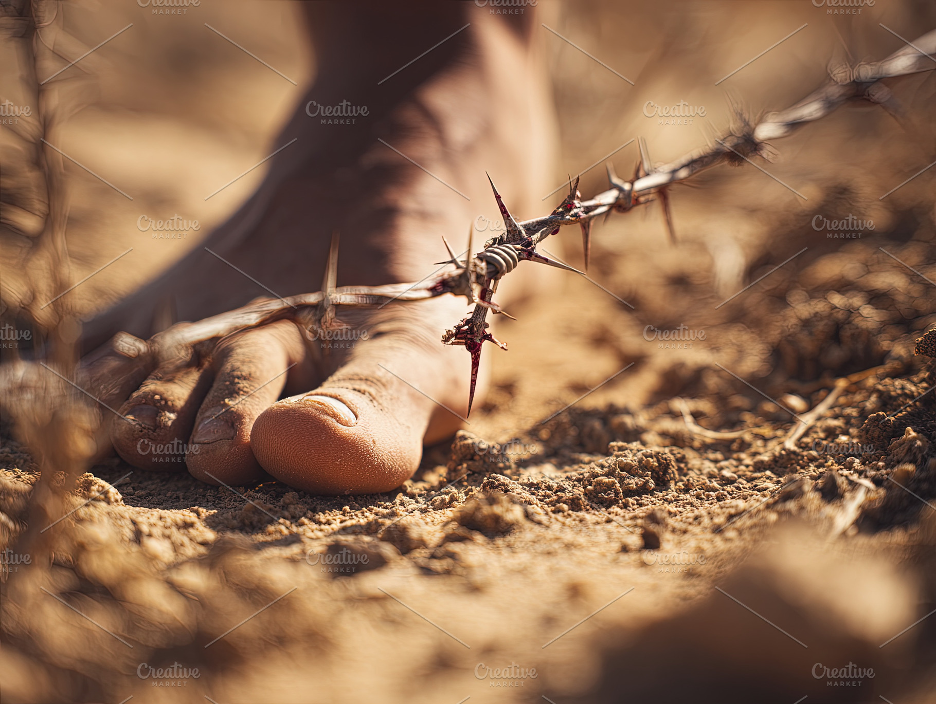 Closeup of a bare foot near barbed wire on dry, cracked ground,, an Abstract Photo by Ales Munt