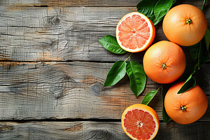 Fresh grapefruit with green leafs and copyspace for text on wooden table, a Food & Drink Photo by AlyaAnd