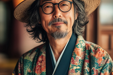 Japanologist. A smiling elderly man wearing a traditional Japanese kimono and a, a Person Photo by Textures & Backgrounds