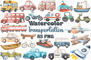 Watercolor Transportation Clipart, a Transportation Illustration by CropUp Creative