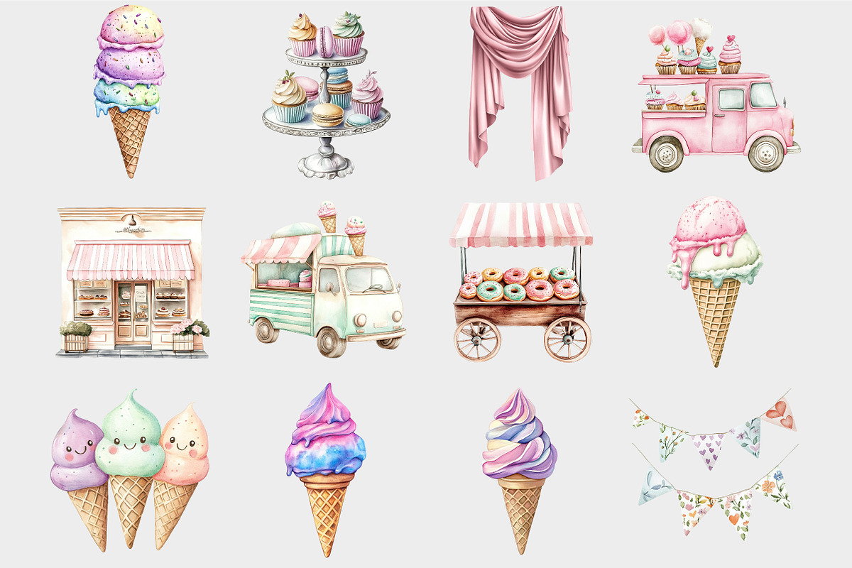 Watercolor Ice Cream Cart Clipart, a Seasonal Illustration by Design Market (Photo 4 of 4)