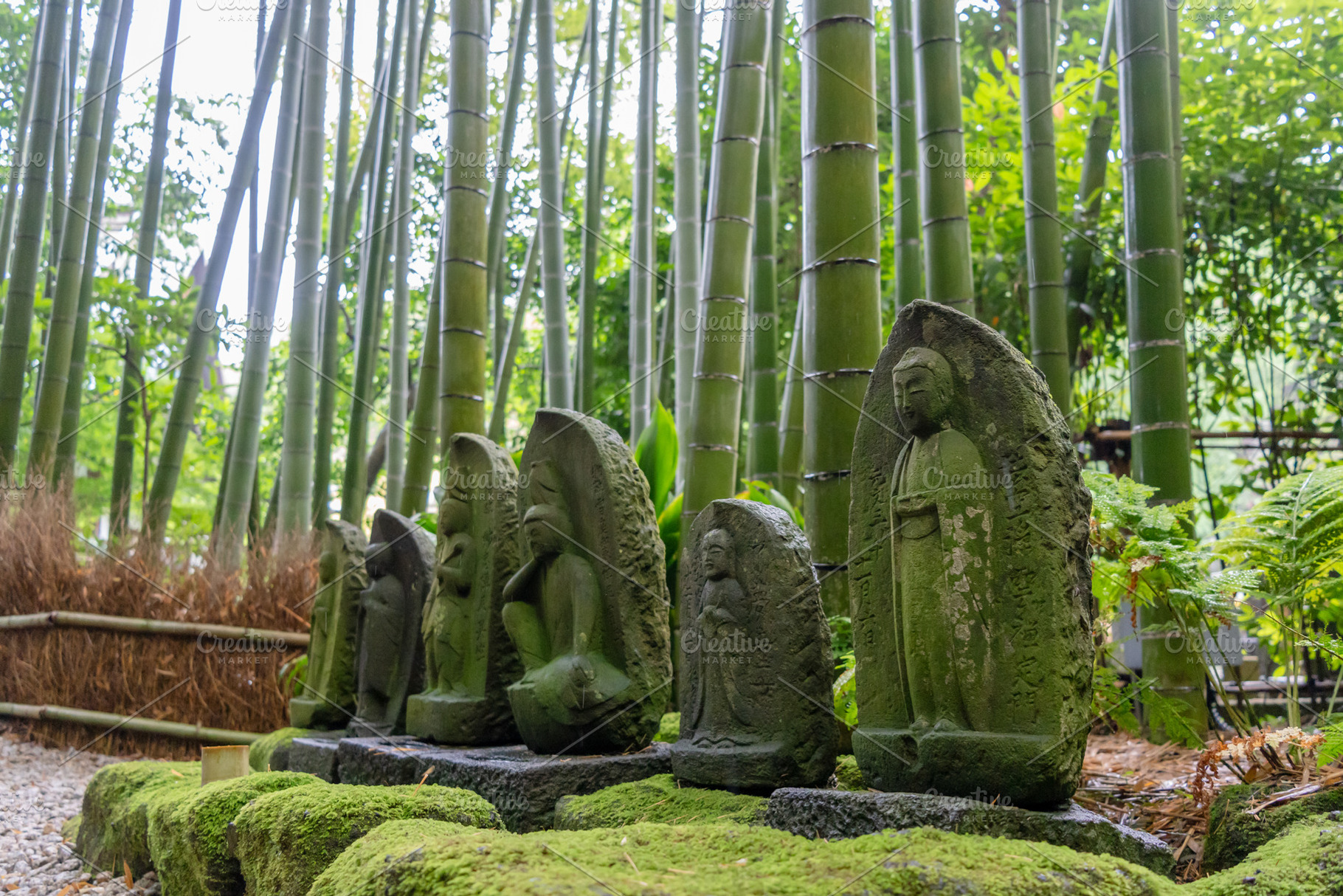 Jizo Bosatsu statues in the bamboo forest of Hokoku-ji, Kamakura, an Architecture Photo by GoodGoods
