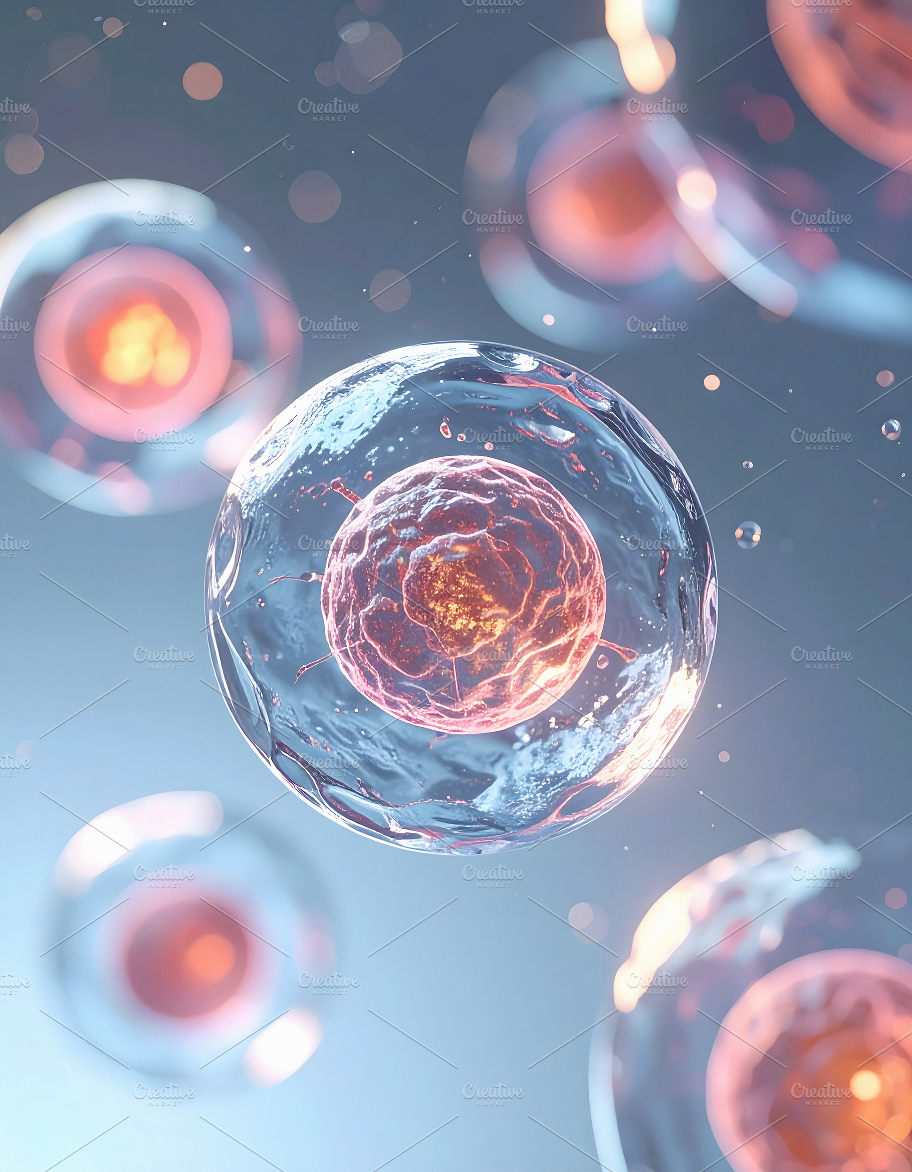 Human cell floating with glowing nucleus and soft membrane, a Health & Medical Photo by GoodGoods