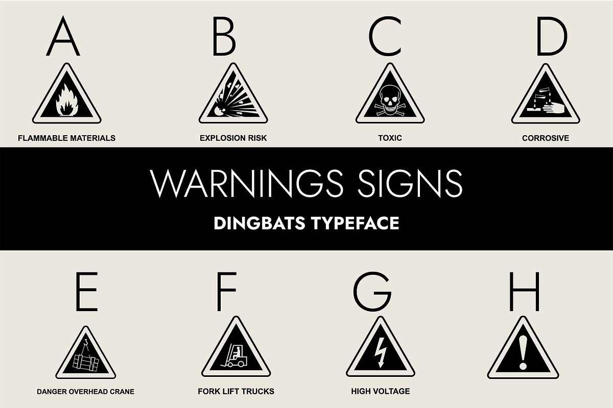 Warning Signs Dingbats Font, a Symbol Font by Minimalartstudio (Photo 1 of 8)