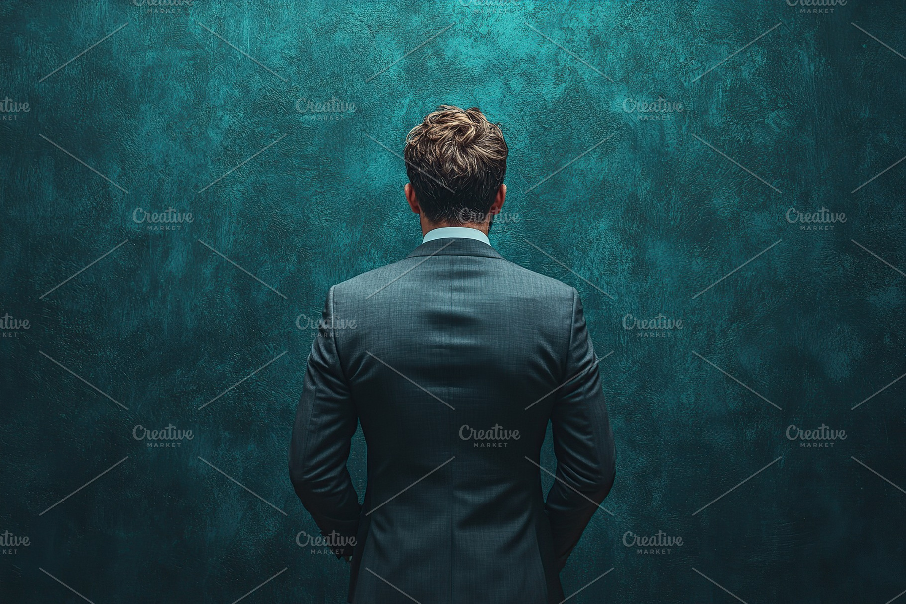 Back view of businessman facing difficulties, against wall background, a Photo by AlyaAnd