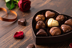 Heart Chocolate Box with Rose on Wooden Table, a Food & Drink Photo by Davizro's Market