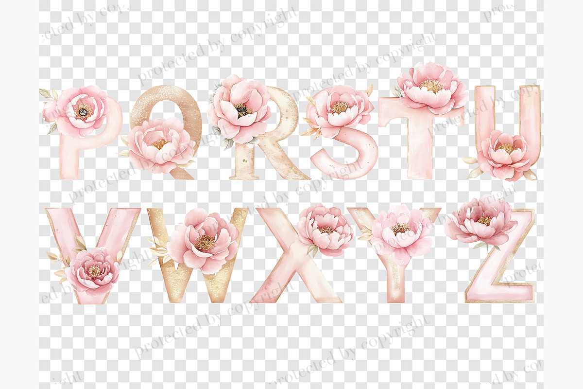 Pink Flowers Alphabet Clipart, a Decorative Illustration by GlamArtZhanna (Photo 7 of 8)