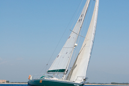 Sailboat containing aft, anchor, and boat