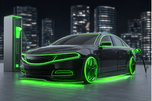 An electric vehicle is plugged into, an Industrial Photo by ZinetroN