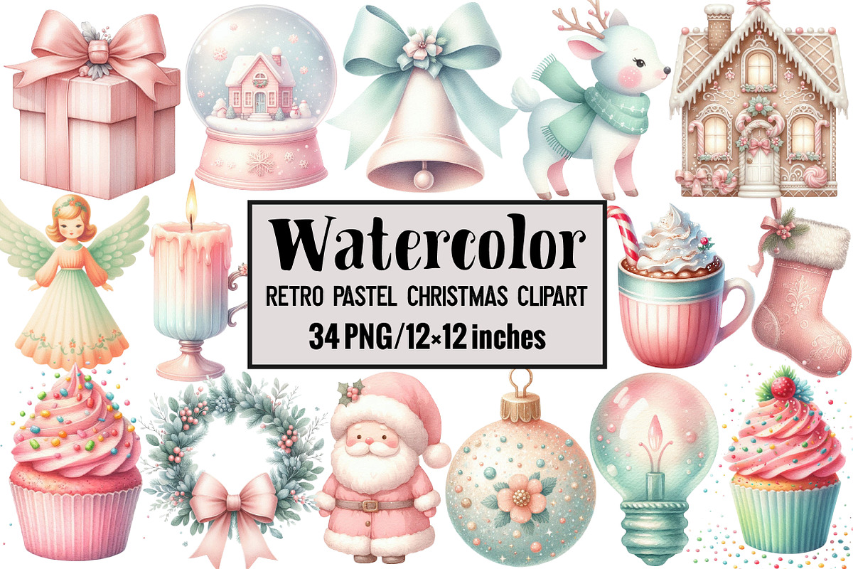 Retro Pastel Christmas Clipart, an Illustration by Design Market (Photo 1 of 5)