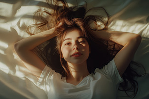 Beautiful woman smiling while lying, a Photo by Iftikhar Alam