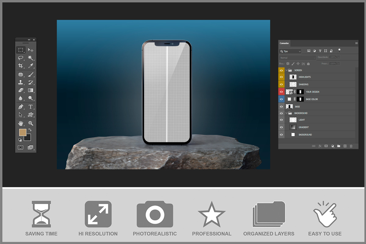 Phone Mockup on Stone Surface PSD, an iPhone Mockup by Bruno's Shop (Photo 3 of 4)