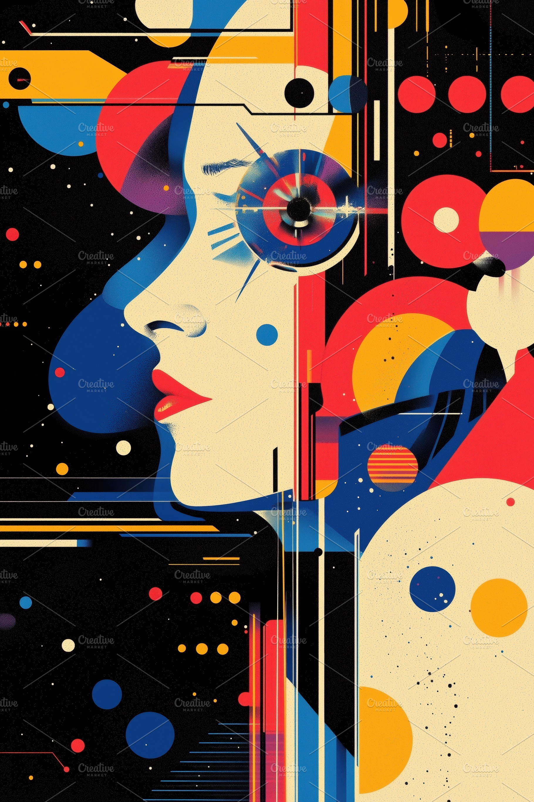 A vibrant, abstract illustration featuring a stylized female profile with geome, an Arts & Entertainment Photo by Textures & Backgrounds