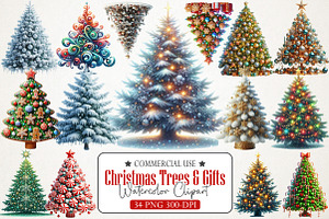Christmas Trees & Gifts Watercolor, an Illustration by RobertsArt