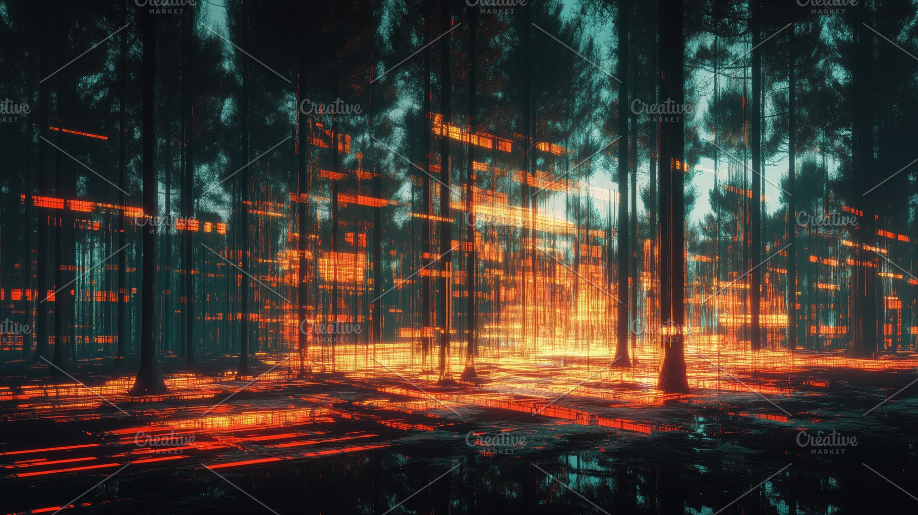 A surreal forest scene with glowing orange and blue digital lines creating a fu, a Photo by Textures & Backgrounds