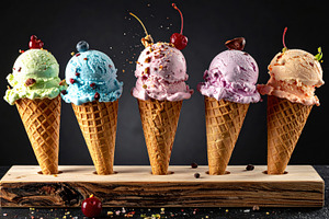 Colorful Ice Cream Cones in Wooden Stand, a Food & Drink Photo by Davizro's Market