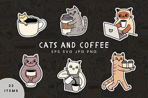 22 Hand Drawn Cats & Coffee Stickers