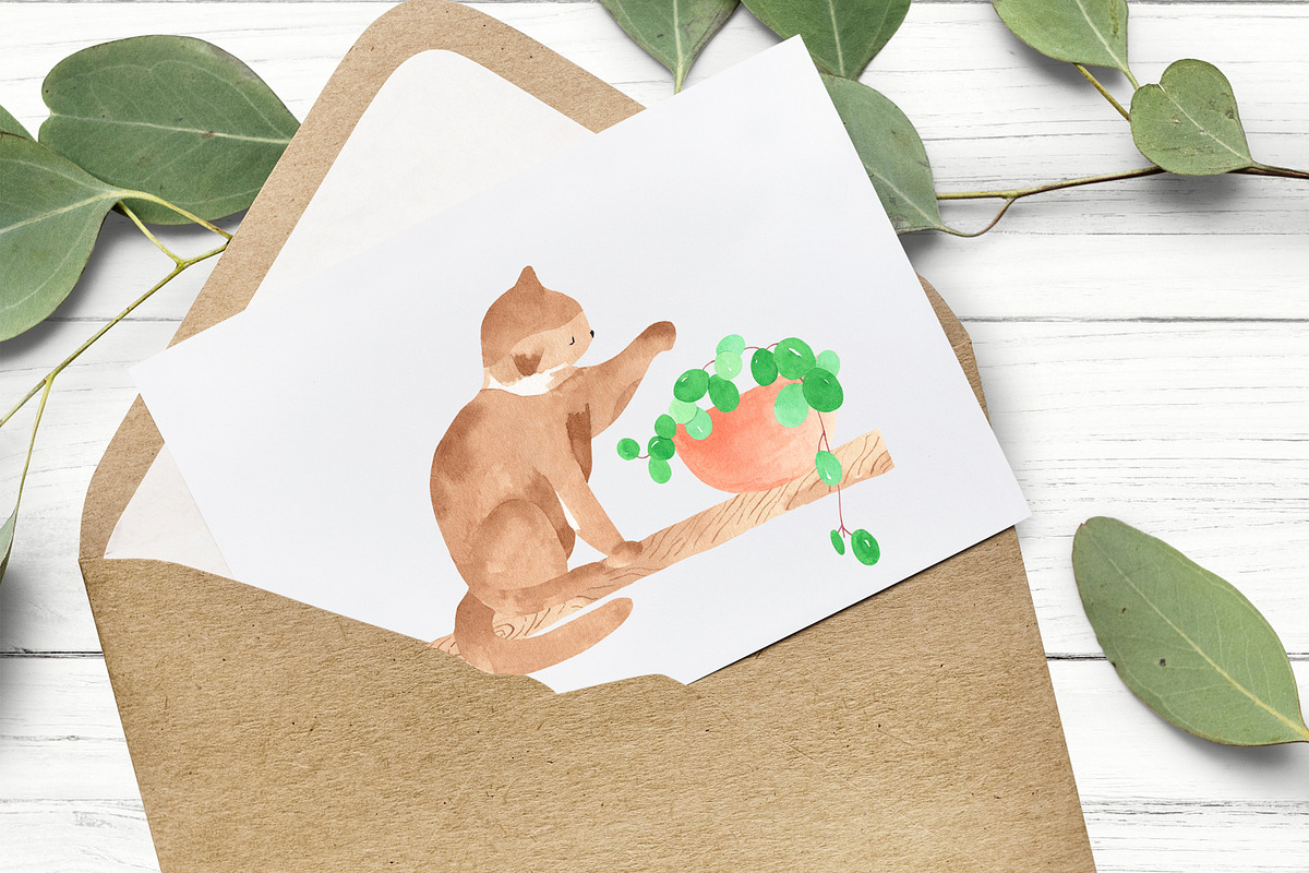 Plants & Cats Watercolor Clipart, an Animal Illustration by natalisart (Photo 6 of 13)