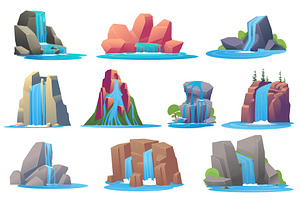 Mountain waterfalls. Water flowing, an Illustration by Vectorbuum
