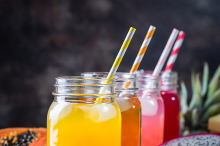Glasses of tropical juices featuring juice, fruit, and drink, a Food & Drink Photo by piter.goskov