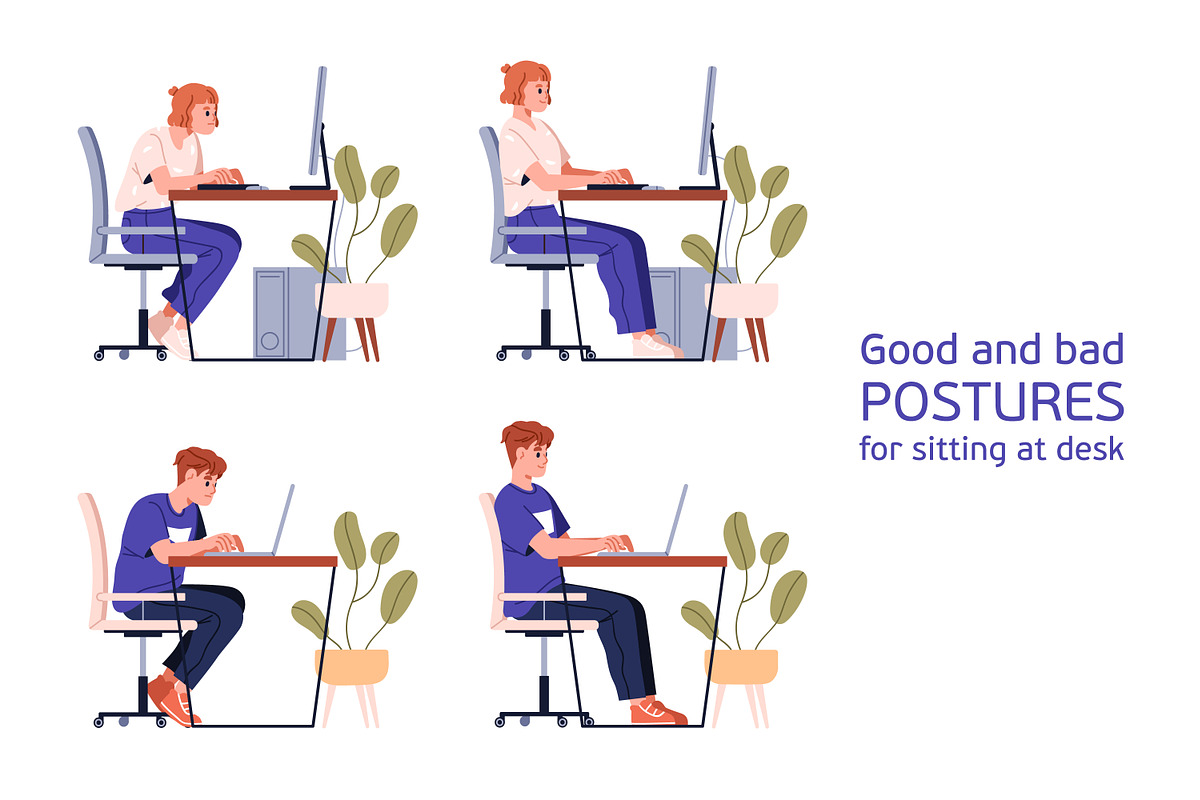 Good & bad postures at computer desk, a Person Illustration by Good Studio (Photo 1 of 3)