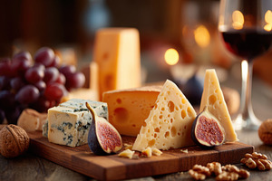 Cheese platter with red wine and fresh fruit, a Food & Drink Photo by AlyaAnd