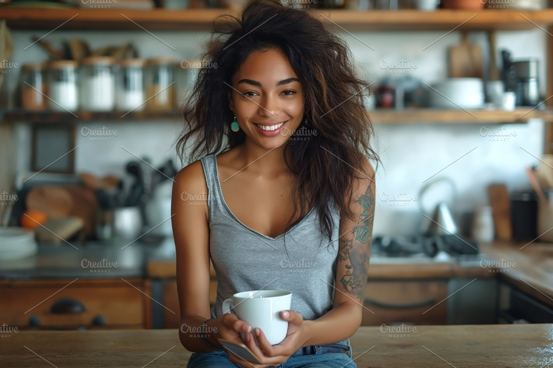 A smiling woman with curly hair enjoys a cup of coffee in a cozy, a Person Photo by ImageMir