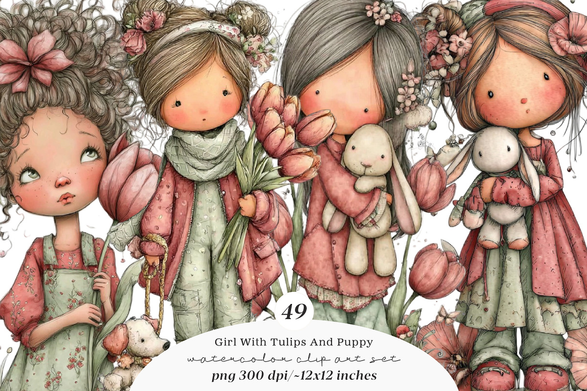 Whimsical Girl With Tulips And Puppy, an Illustration by SinaCreation (Photo 1 of 11)
