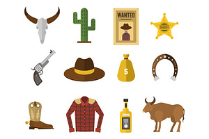 Wild West Cowboy Icons Rodeo Equipment And Many Different Western Accessories Vector Illustration