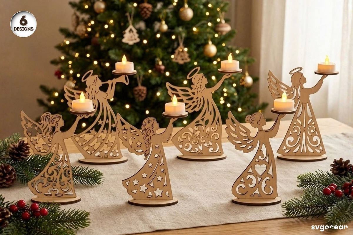 Christmas Angel Candle Holders SVG, a Decorative Illustration by svgocean (Photo 1 of 14)