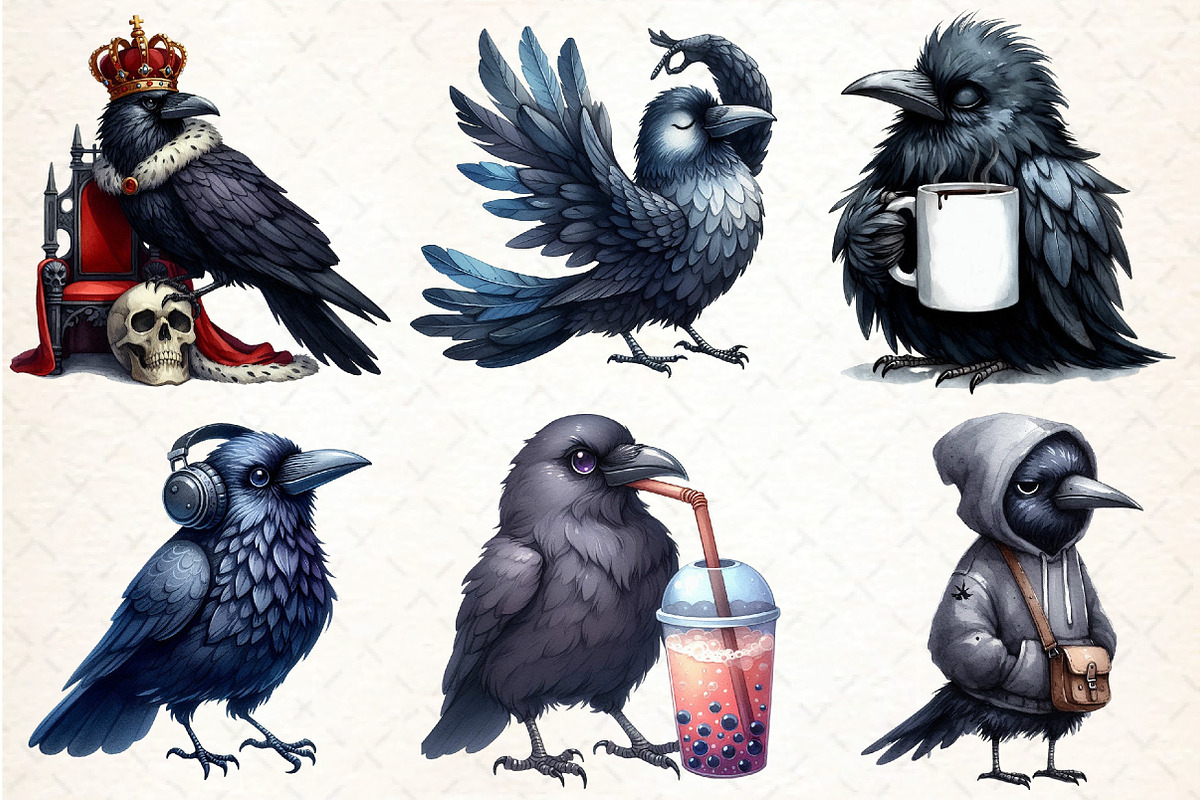 Watercolor Crow Clipart, Funny Raven, an Illustration by DreamCafeArt (Photo 3 of 7)