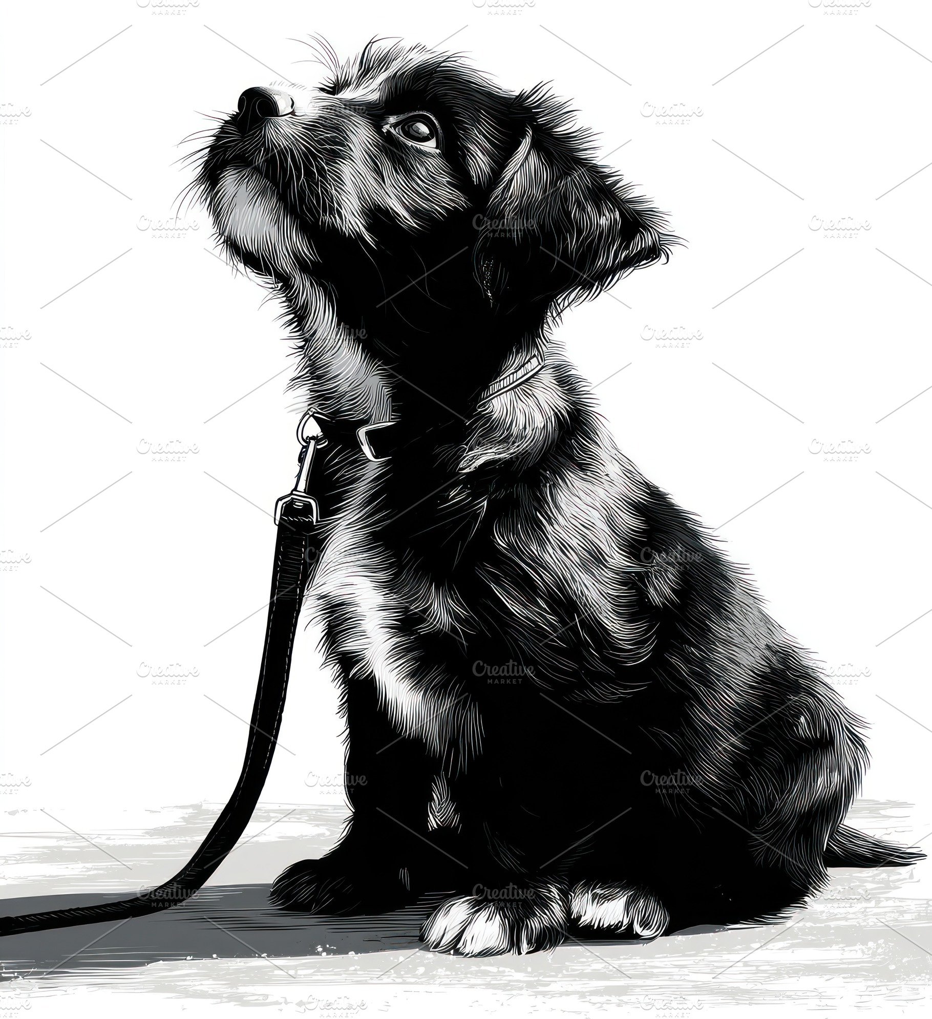 Black and white illustration of a sitting puppy on a leash looki, an Animal Photo by José Manuel Gelpi