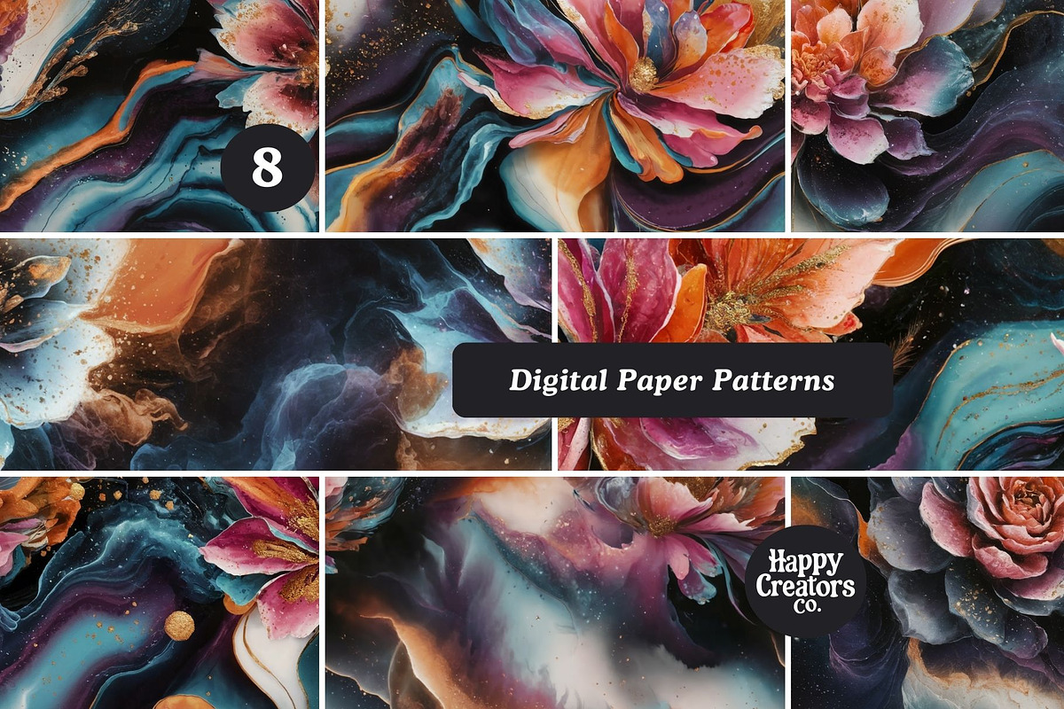Cosmic Flowers Digital Paper Pack #1, a Pattern Graphic by Happy Creators Co. (Photo 4 of 7)