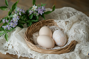 Delicate easter eggs nestled, a Photo by Pavel_design