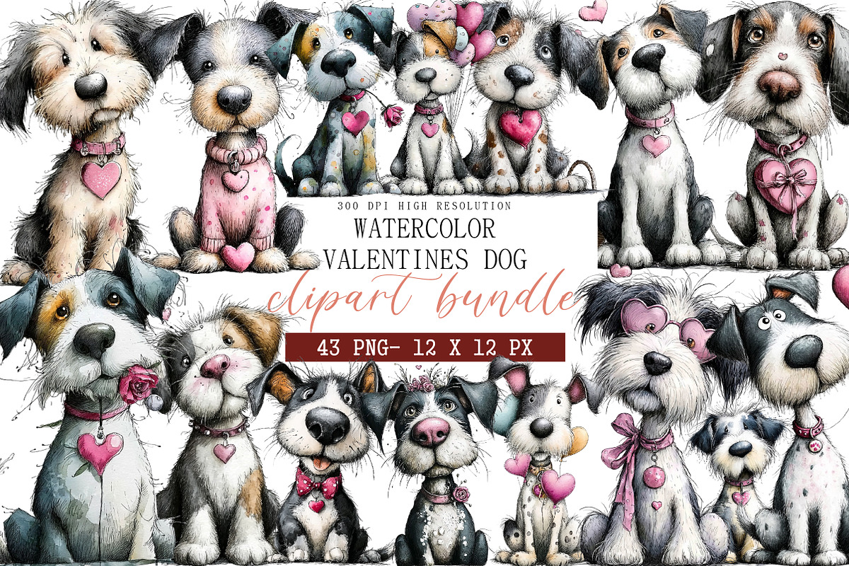 Watercolor Valentines Dog Clipart, an Illustration by DreamArtGraphic (Photo 1 of 4)