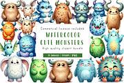 Cute monsters watercolor clipart, an Illustration by CreationArt (Thumbnail 1 of 5)