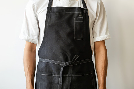 The chef wearing a sleek black apron, a Photo by Tanuart