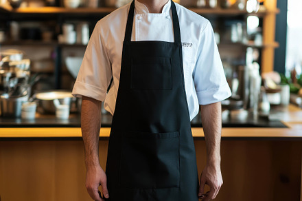 Chef in black apron standing confide, a Photo by Tanuart