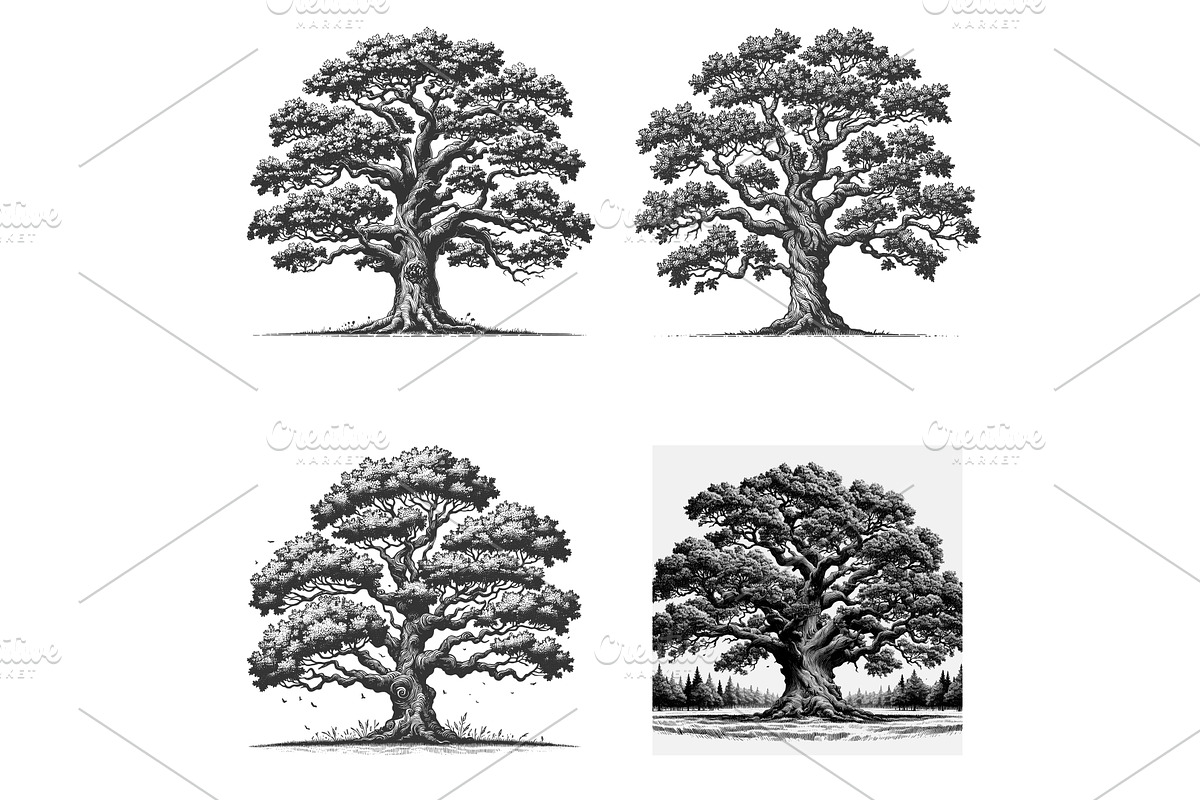 large oak tree engraving set vector, an Object Illustration by AlexArt