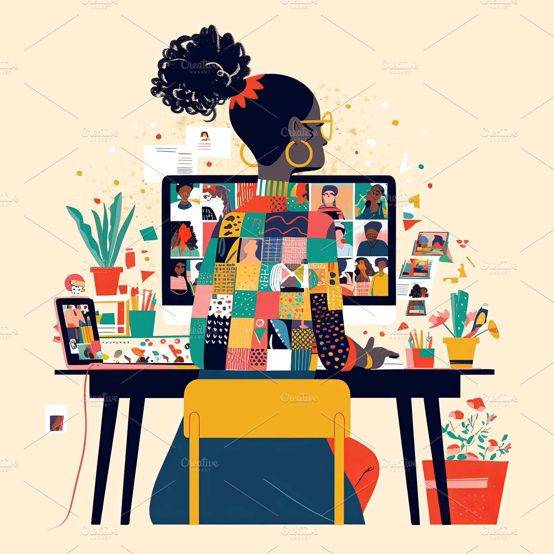 Woman working at desk using computer and video conferencing tools, colorful ill, a Photo by AS photostudio