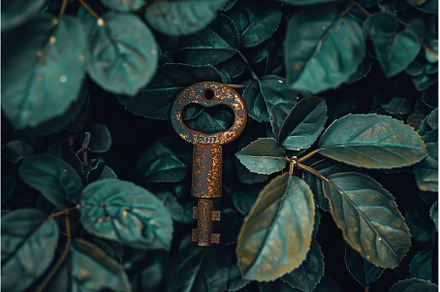 Old rusty key laying on top of green, a Background Photo by Ylivdesign
