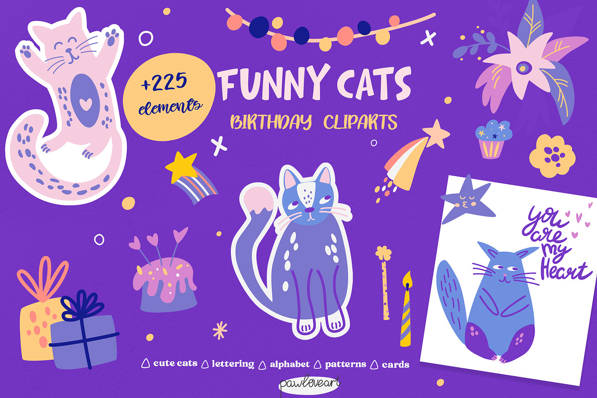 Funny cats – Birthday Clipart, an Object Graphic by PawLoveArt (Photo 1 of 14)