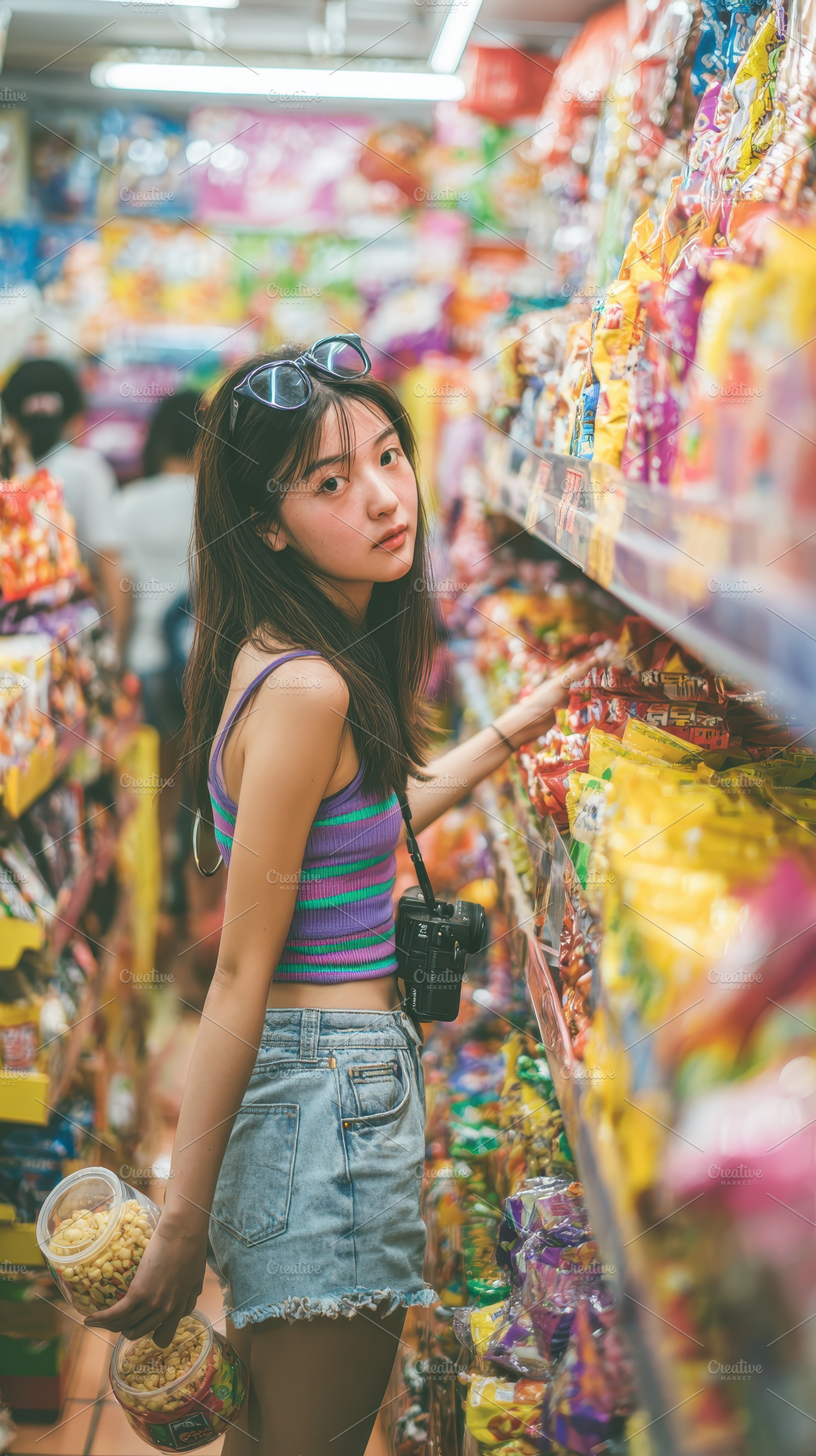 Girl shopping for snacks in a colorf, a Photo by Pixeness Studio
