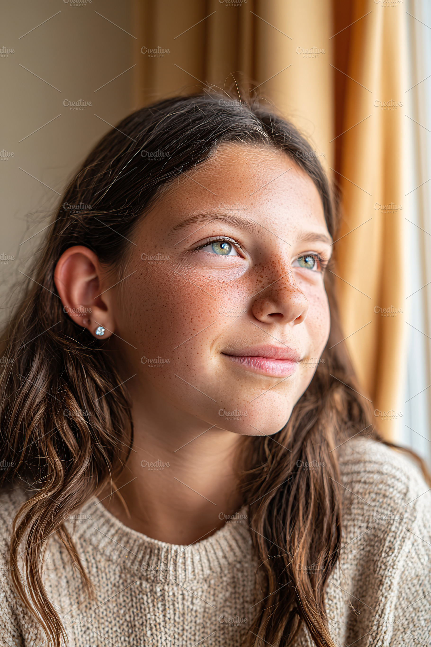 Teenage girl in cozy sweater gazes thoughtfully out the window in warm, invitin, a Person Photo by AlyaAnd