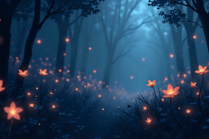 Midnight Garden with Glowing Firefli, a Photo by LOGOCREATIVE