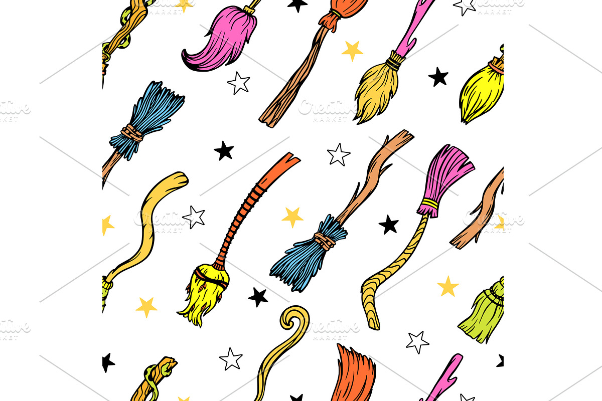 Witch brooms seamless pattern, an Illustration by Valerie Bodnar