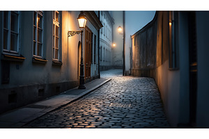 Narrow Cobblestone Street At Night