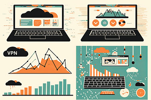 Modern vector illustration of business graphs on digital devices with VPN prote, an Illustration by AS photostudio