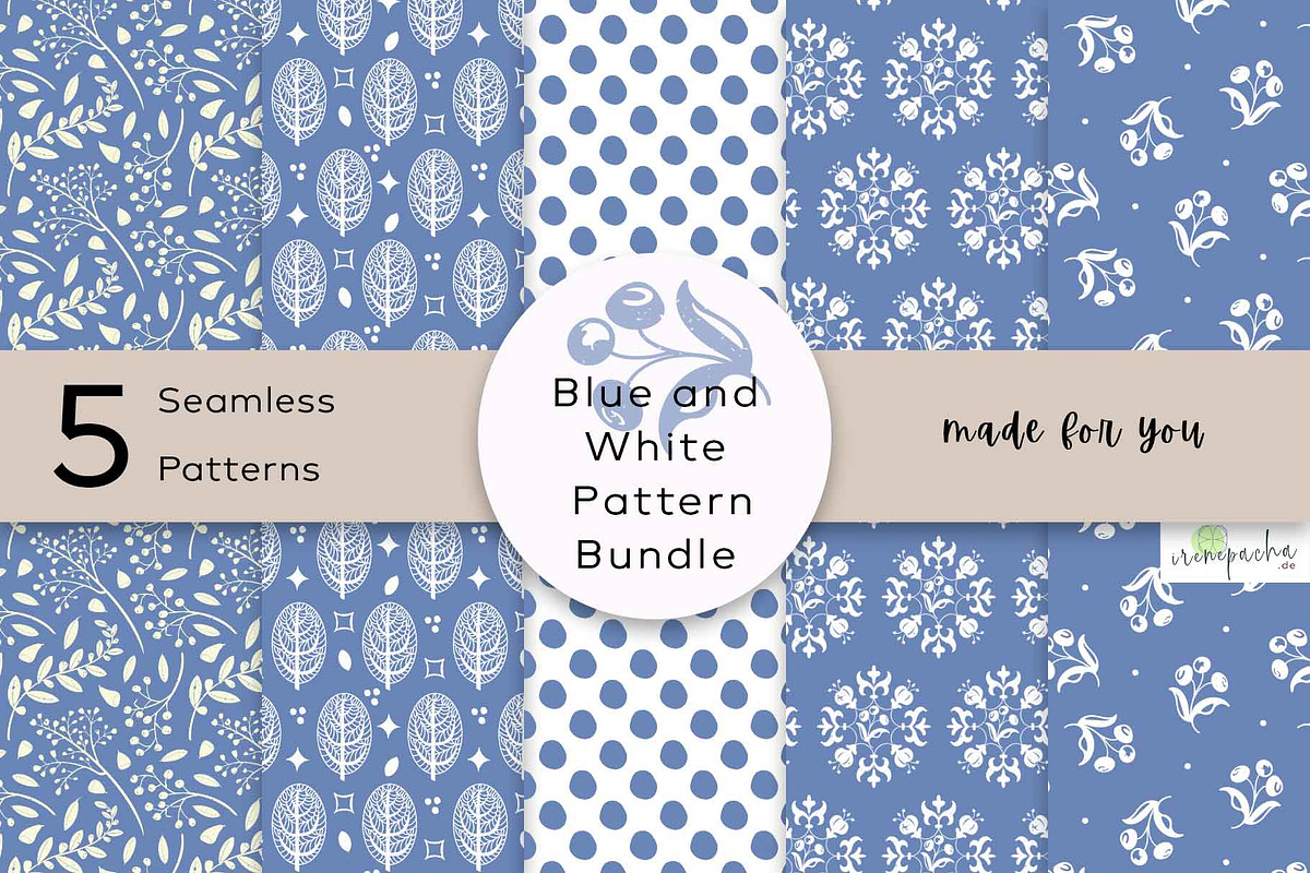 Blue and White Patterns Bundle, a Pattern Graphic by irenepachadesign (Photo 1 of 6)